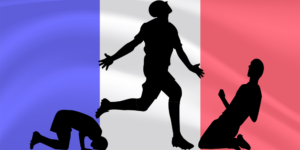 Vlag van Frankrijk met juichende Nederlandse spelers uit Ligue 1.